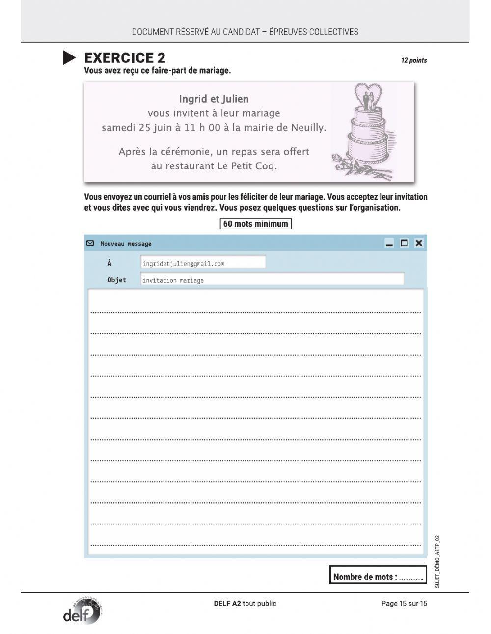 Production écrite DELF A2 : sujet 1 (réforme 2020)