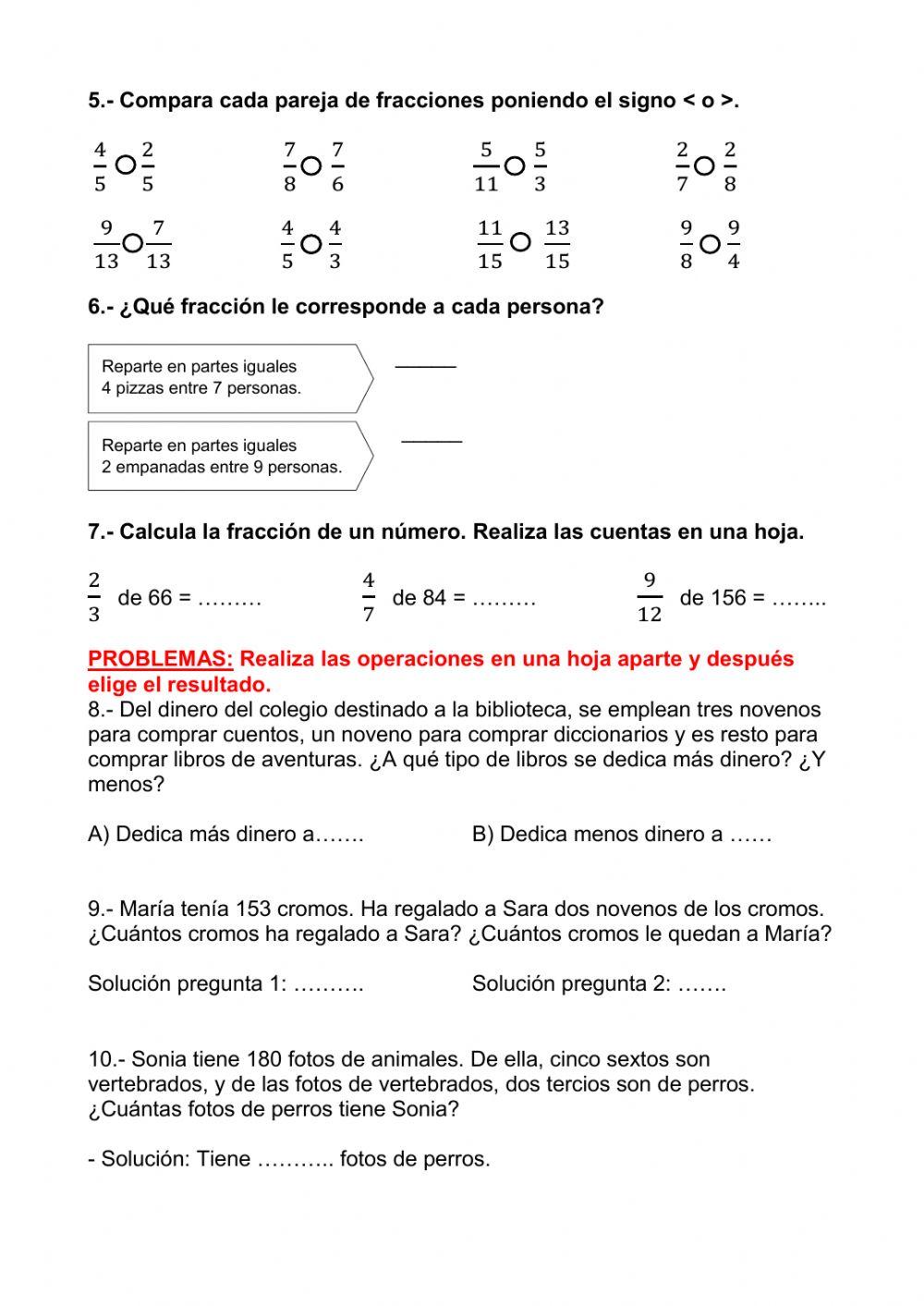 Fracciones. comparación. fracción de un número