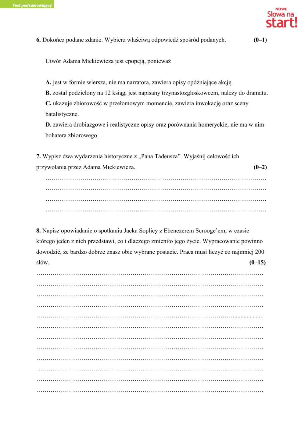 Pan Tadeusz Test Klasa 8 4625982 | Pan Tadeusz - test podsumowujący | JankaG