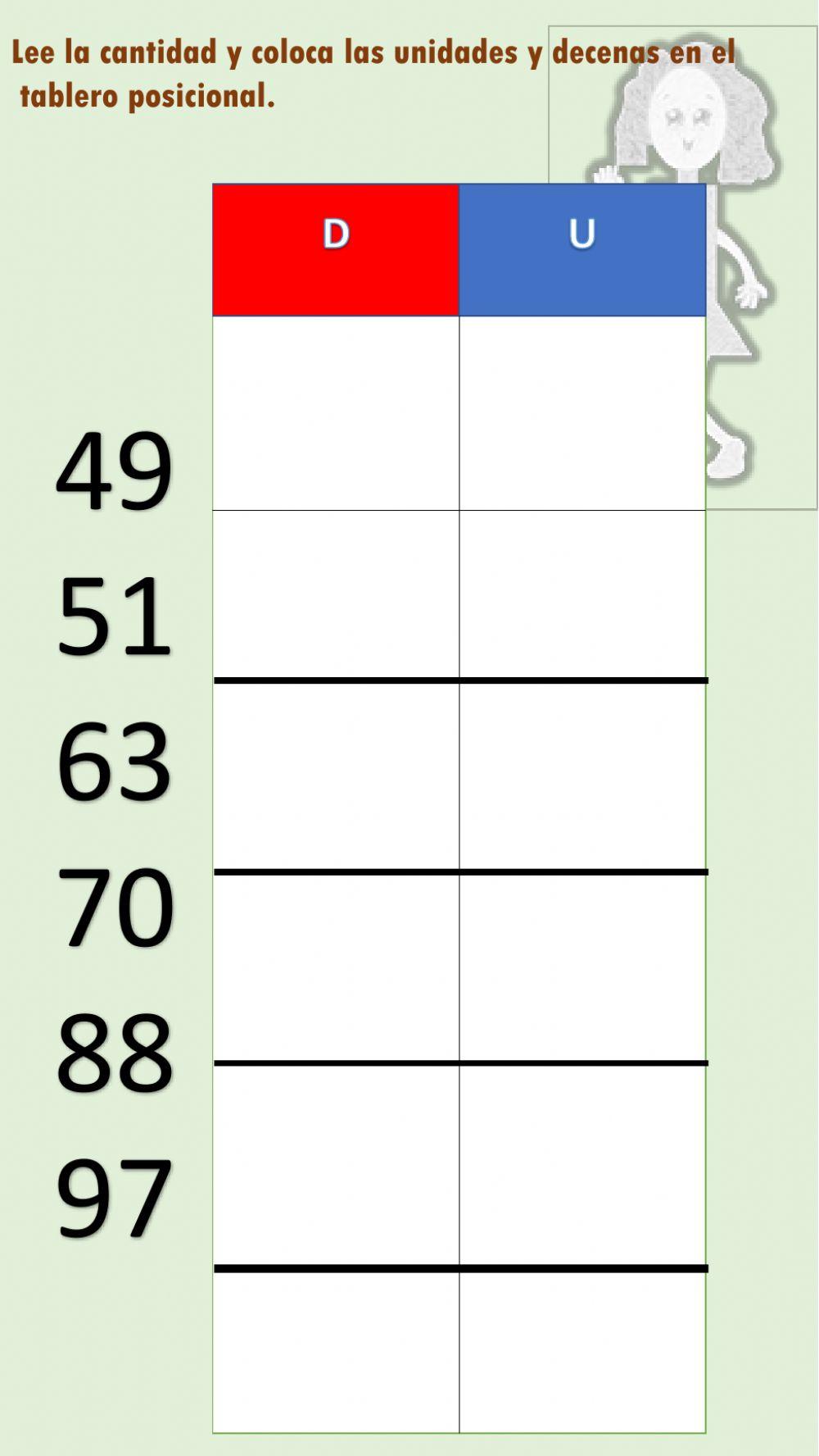 Lee los numerales y coloca la cantidad en el tablero. posicional.