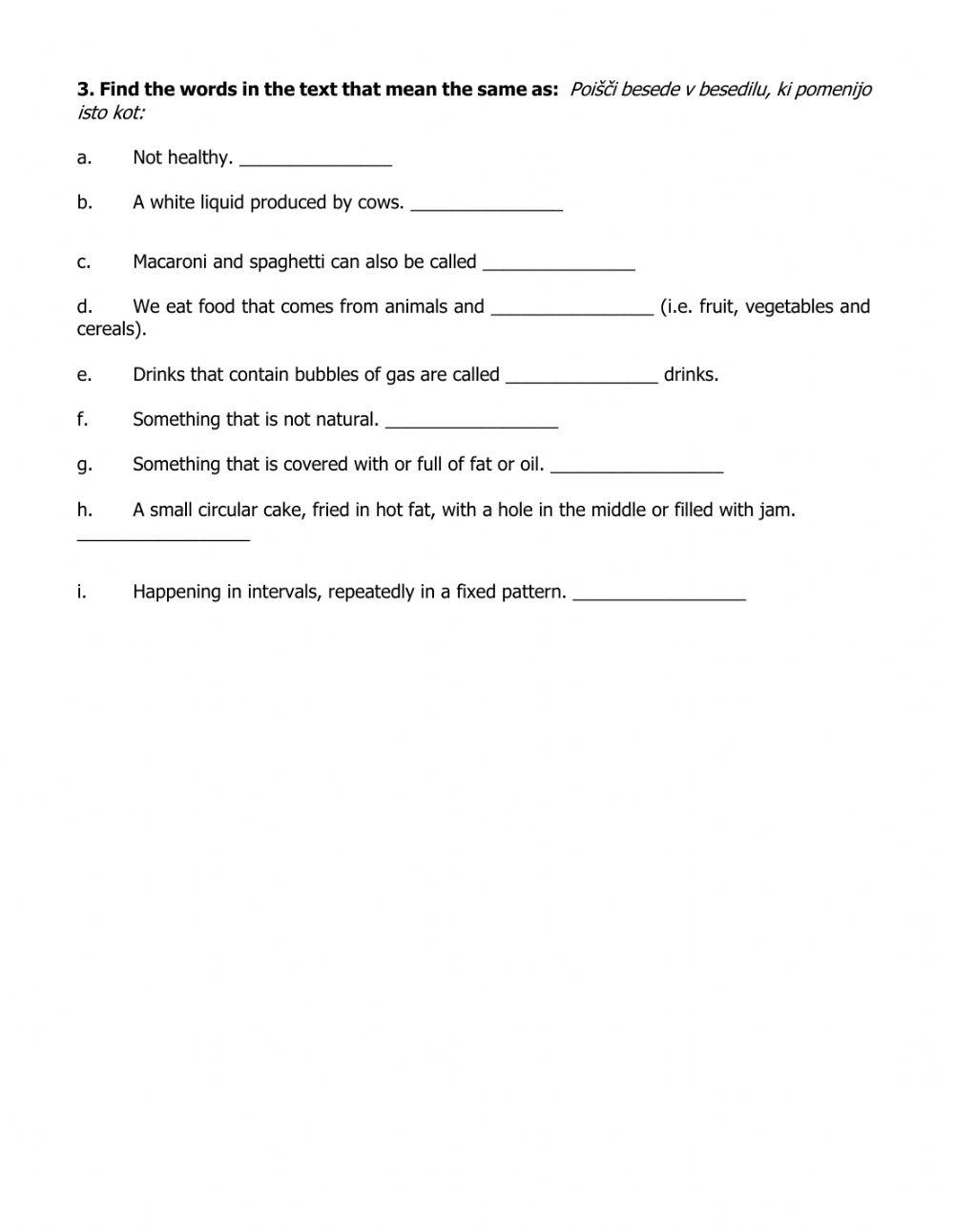 Reading comprehension - food