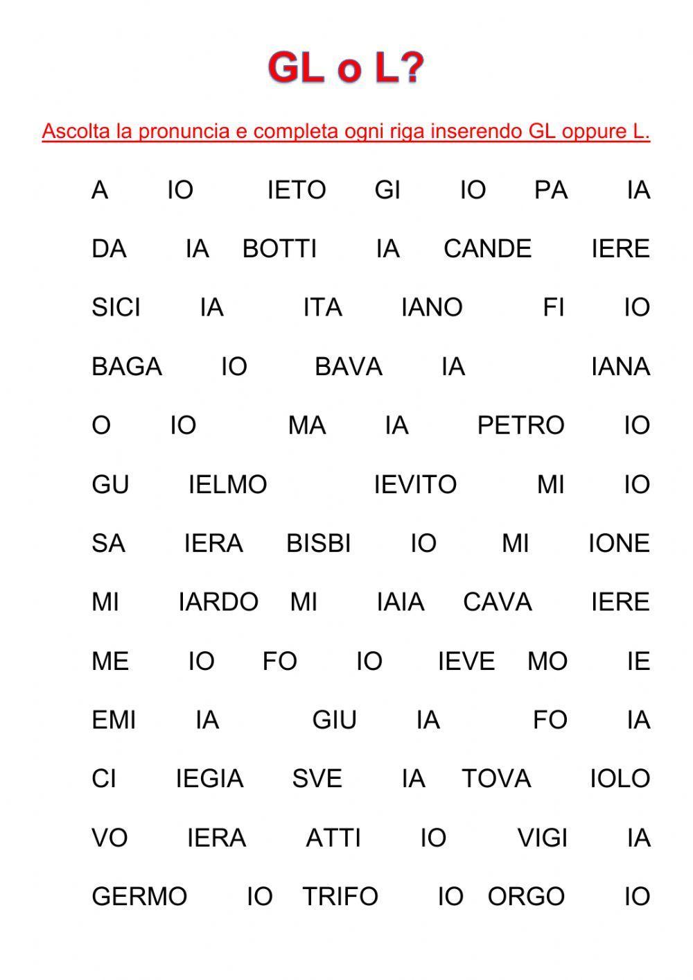 Digramma GL: ascolto e completamento di parole