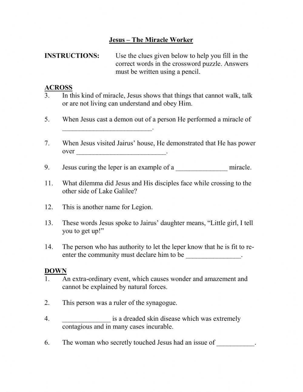 Jesus - The Miracle Worker Review Crossword Puzzle