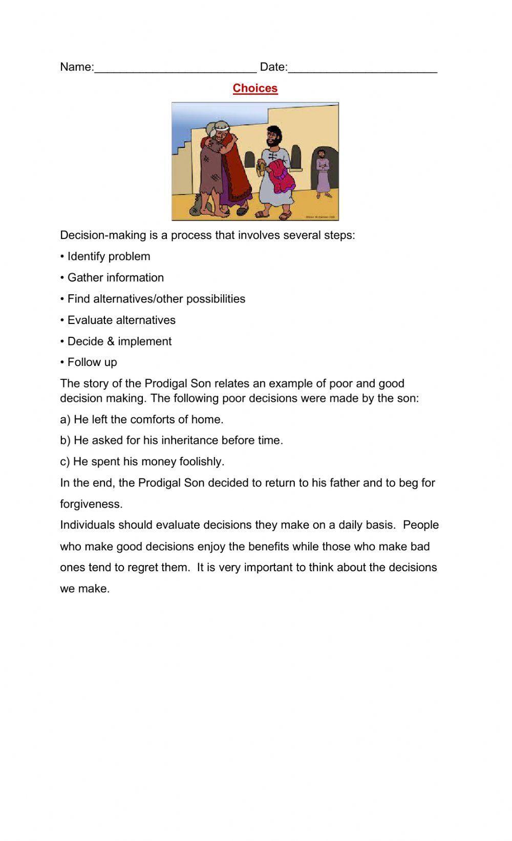 Choices The Prodigal Son worksheet Live Worksheets