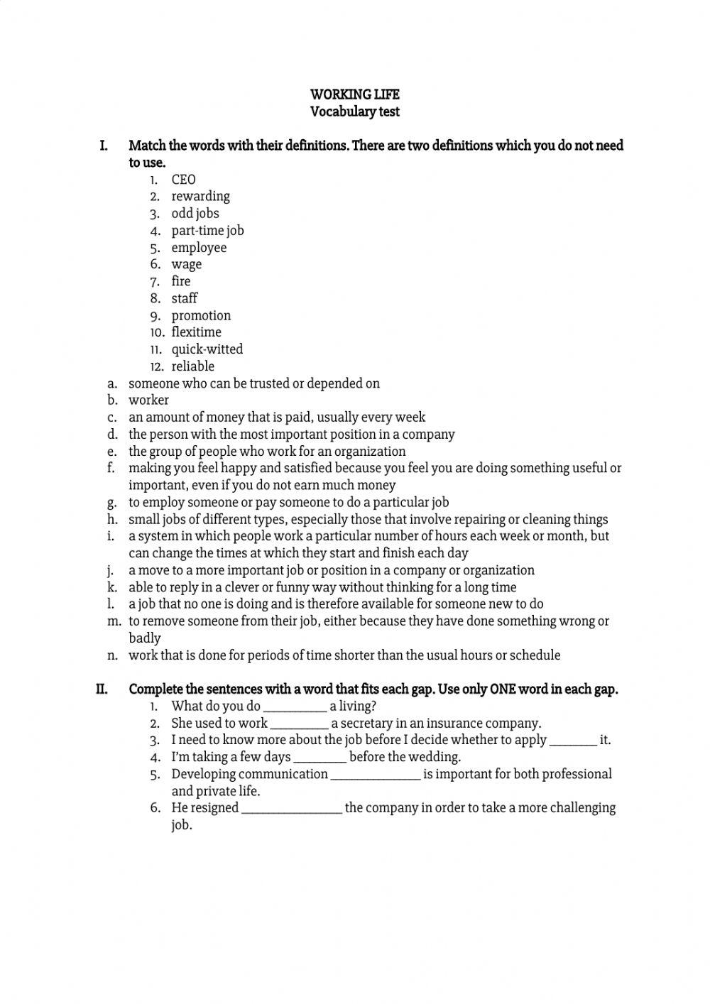 WORKING LIFE online exercise for | Live Worksheets