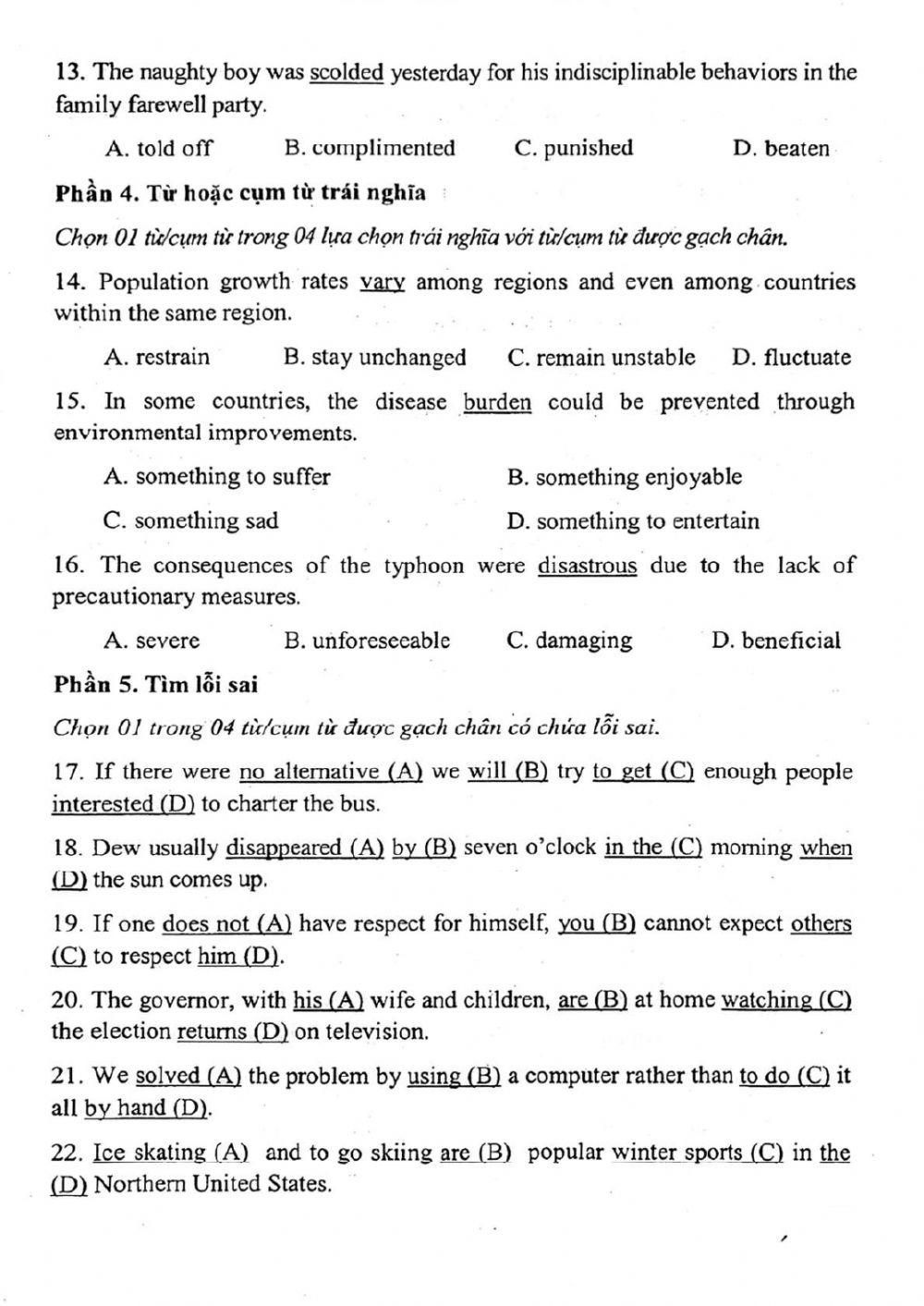 Đề thi đánh giá năng lực ngoại ngữ Tiếng Anh vào lớp 10 Chuyên ngoại ngữ - Số 1.1
