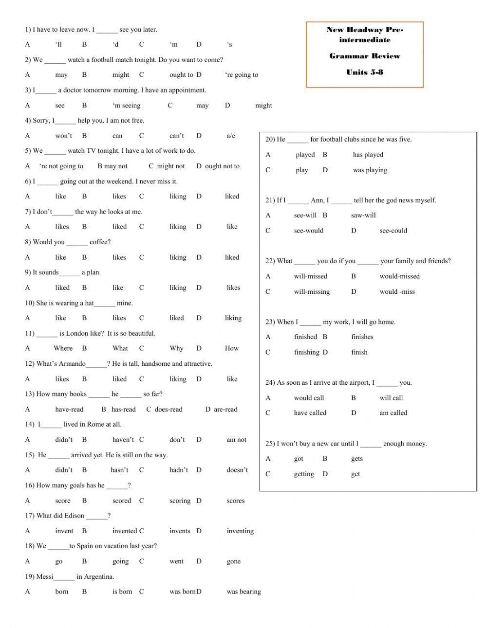 New Headway Plus Pre-intermediate Grammar Units 5-8