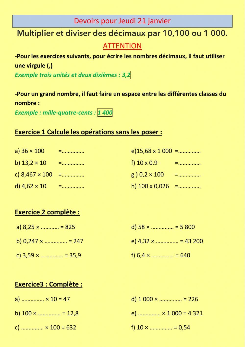 Multiplication Par 10 100 Et 1000 Multiplier et diviser des décimaux par 10 -100 et 1000 worksheet | Live  Worksheets