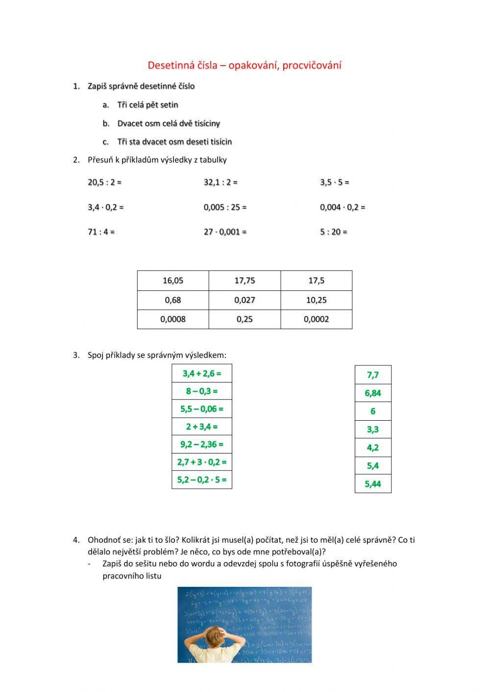 Desetinná čísla: součet, rozdíl, podíl (N číslem), součin