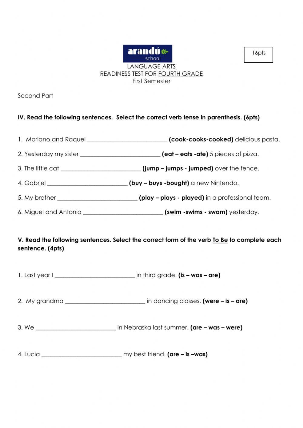 Language arts readiness test for fourth grade