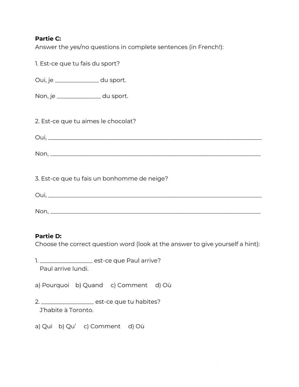Question Words Worksheet 2 (Gr6)