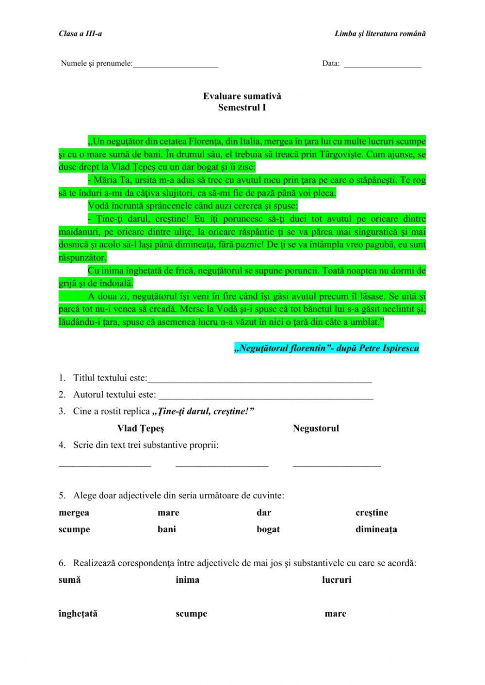 Limba şi literatura română- Evaluare sumativă