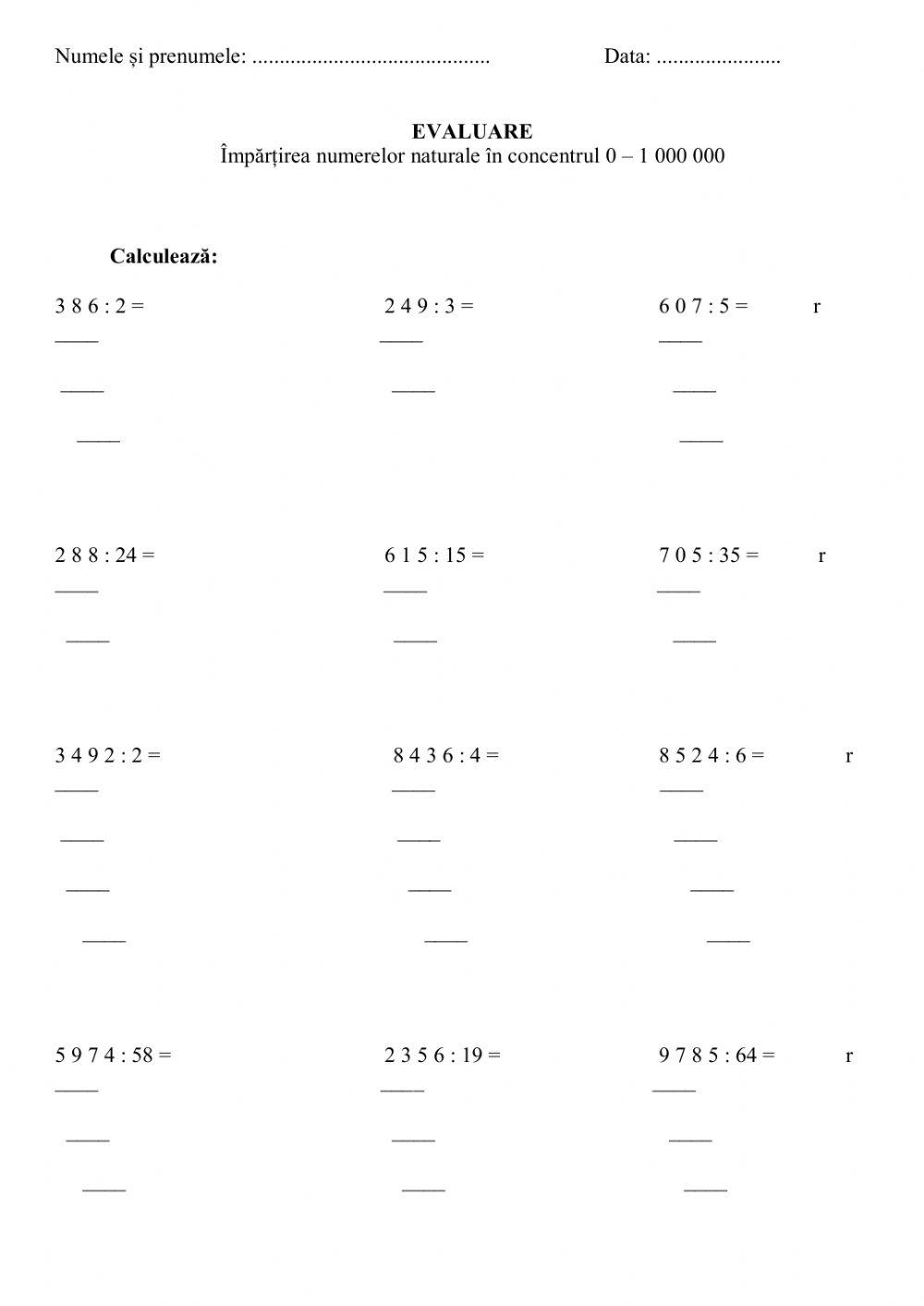 Împărțirea numerelor naturale în concentrul 0 - 1 000 000