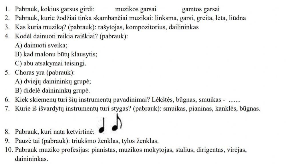 Muzikos testas 1-2 klasė