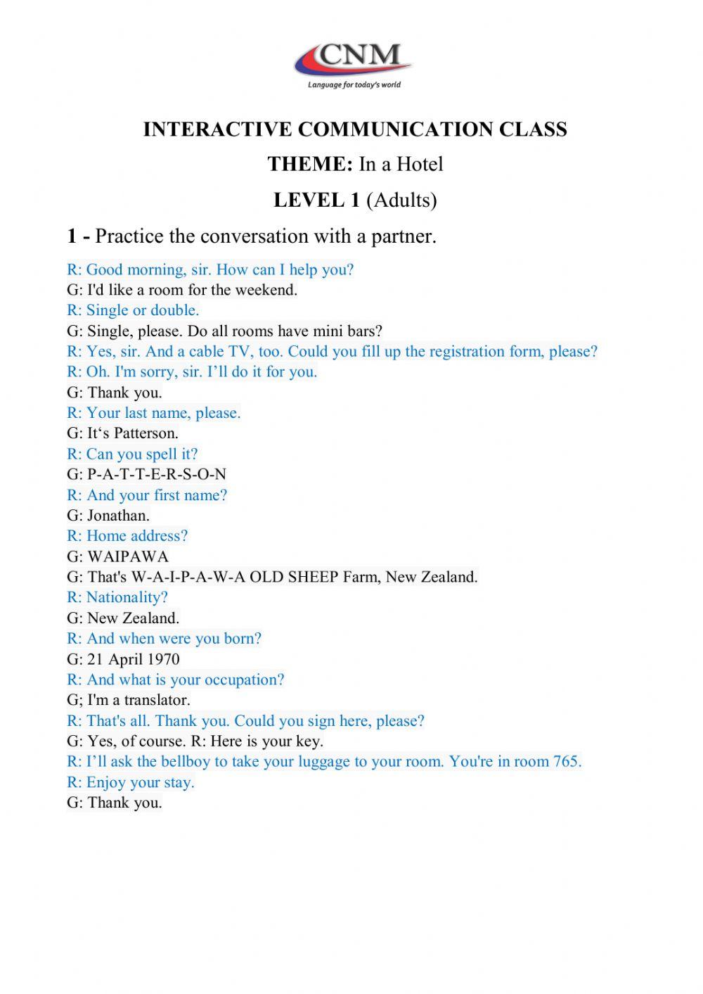 In Hotel-Role Play-L1-Adults