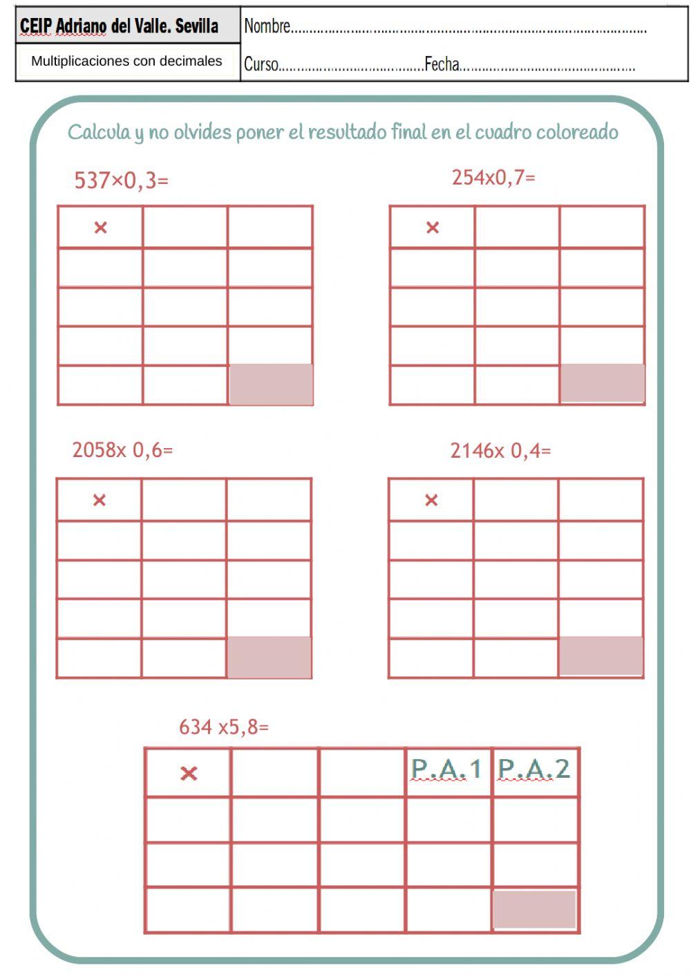 examen multiplicaciones con decimales
