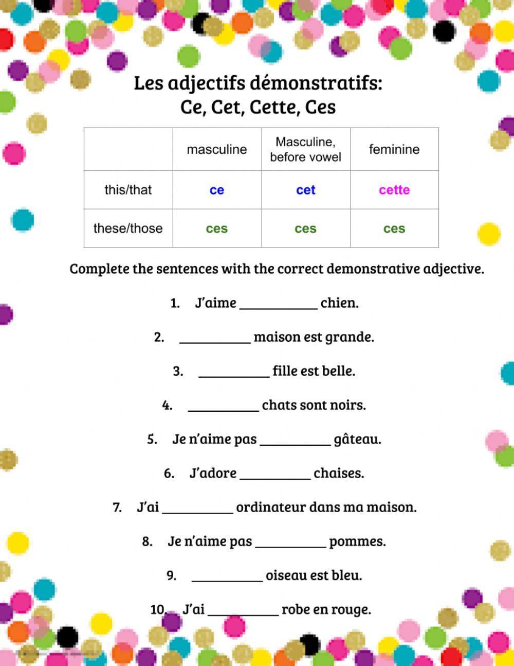 Les adjectifs démonstratifs: ce, cet, cette, ces