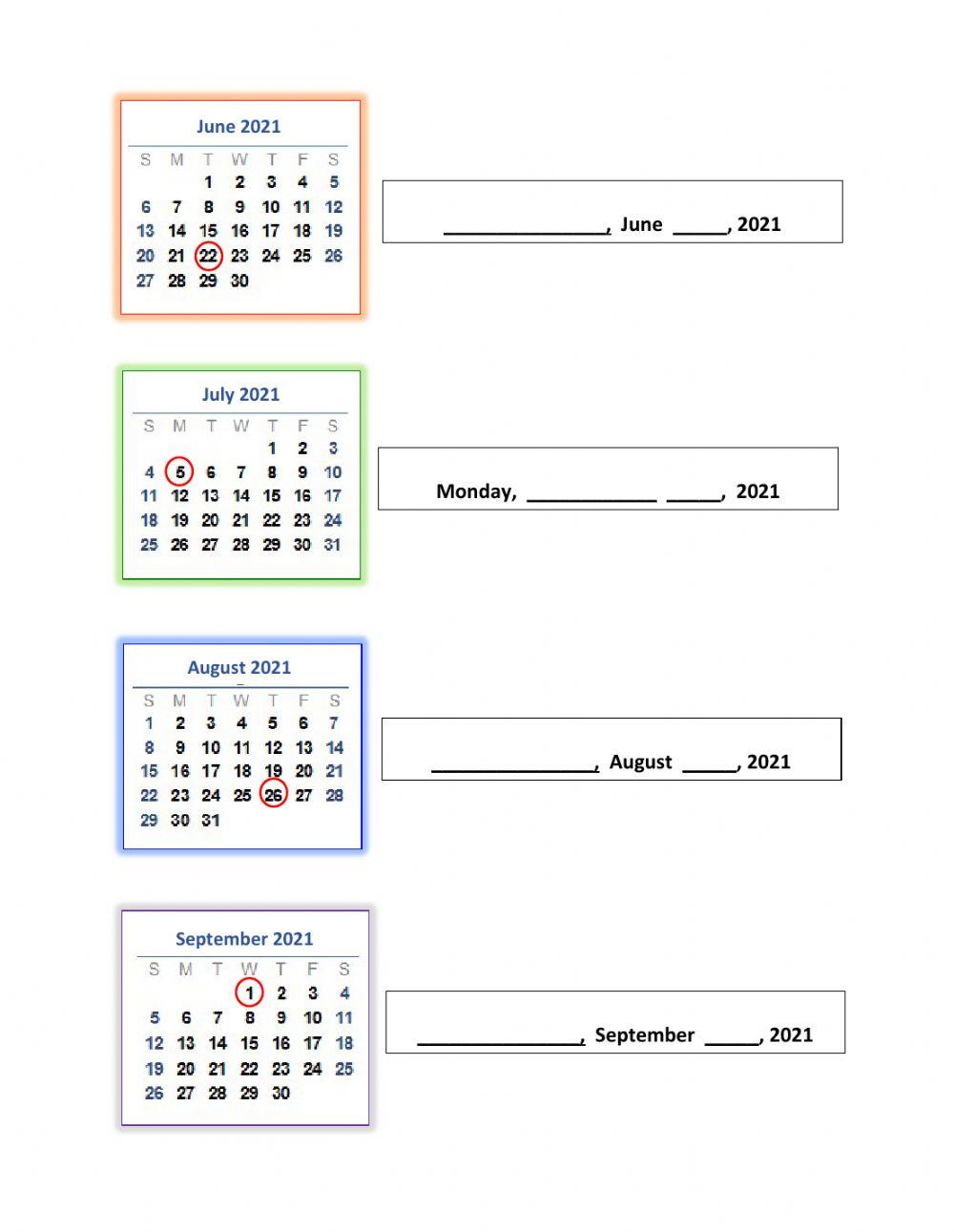 Calendar Date Fill in the Blanks