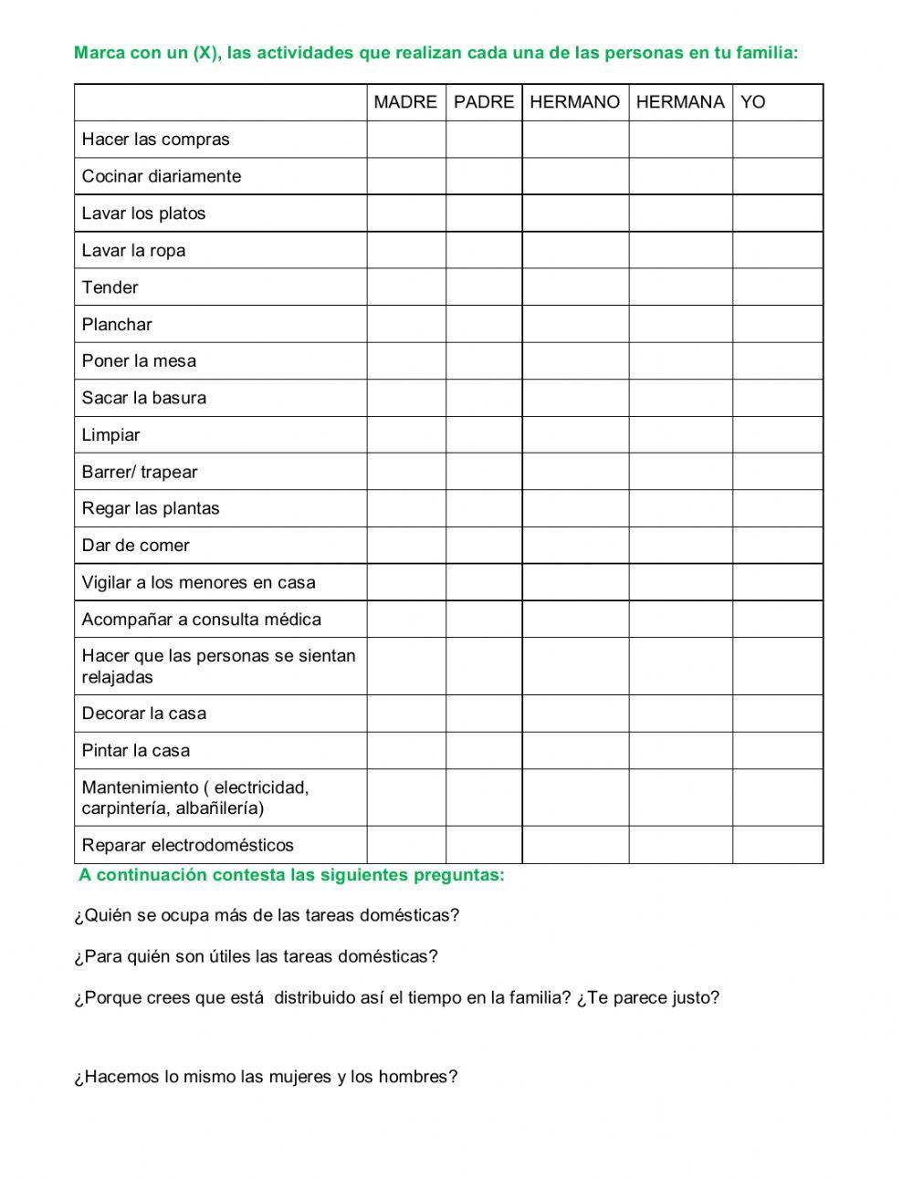 Quien hace las actividades domesticas