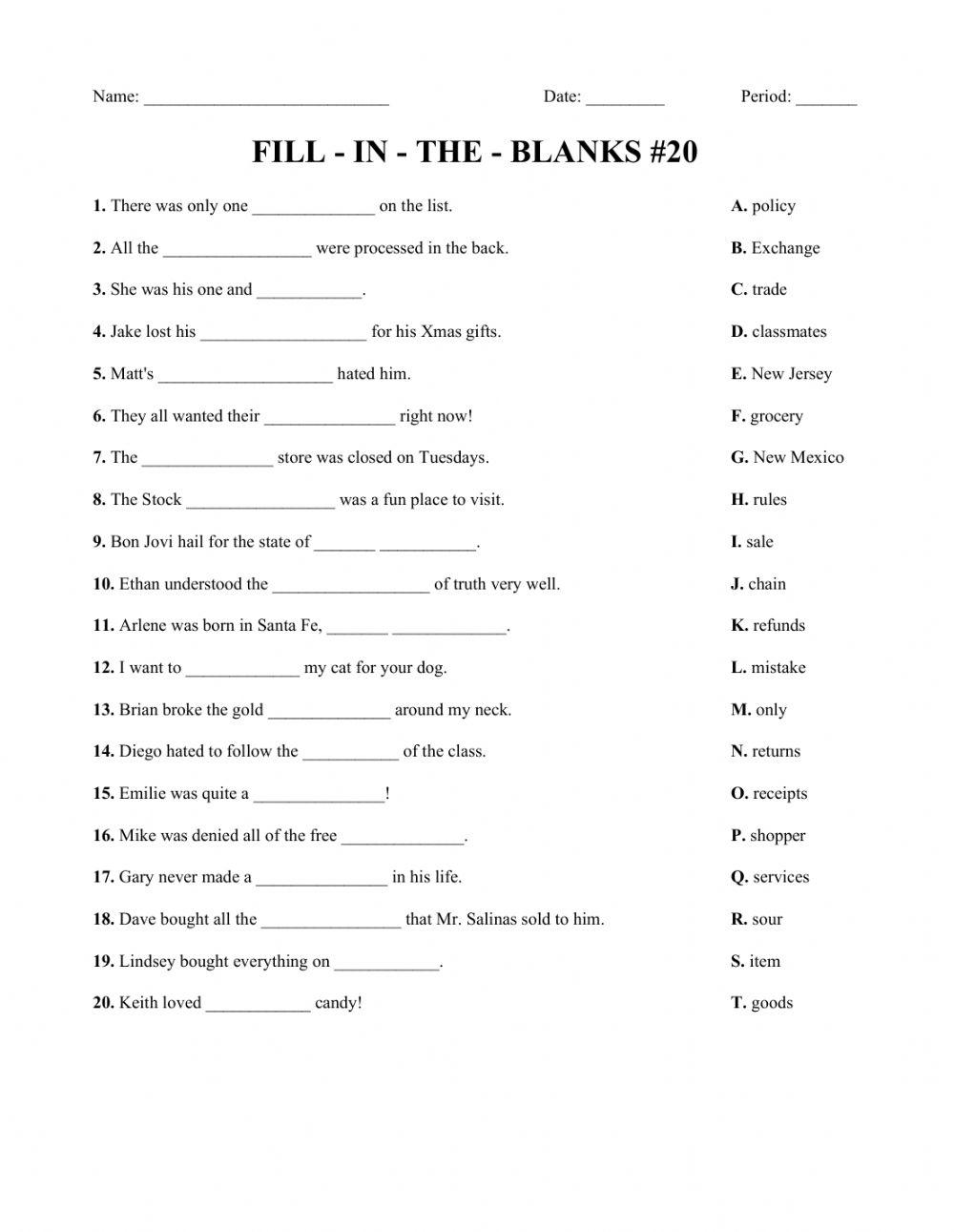 Fitb worksheet Live Worksheets
