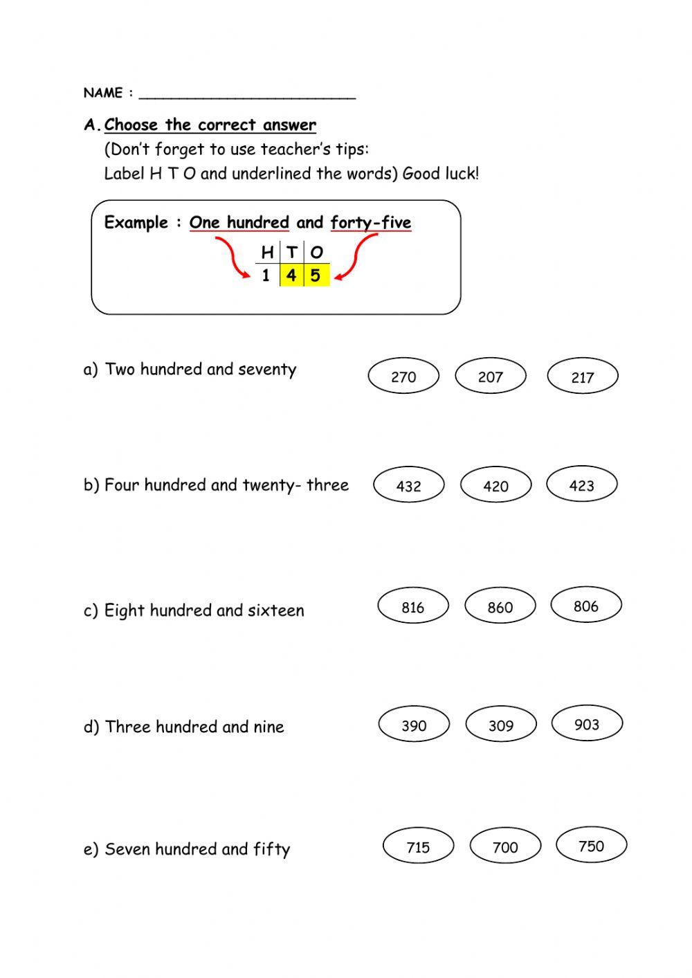 Numbers up to 1000 Year 2