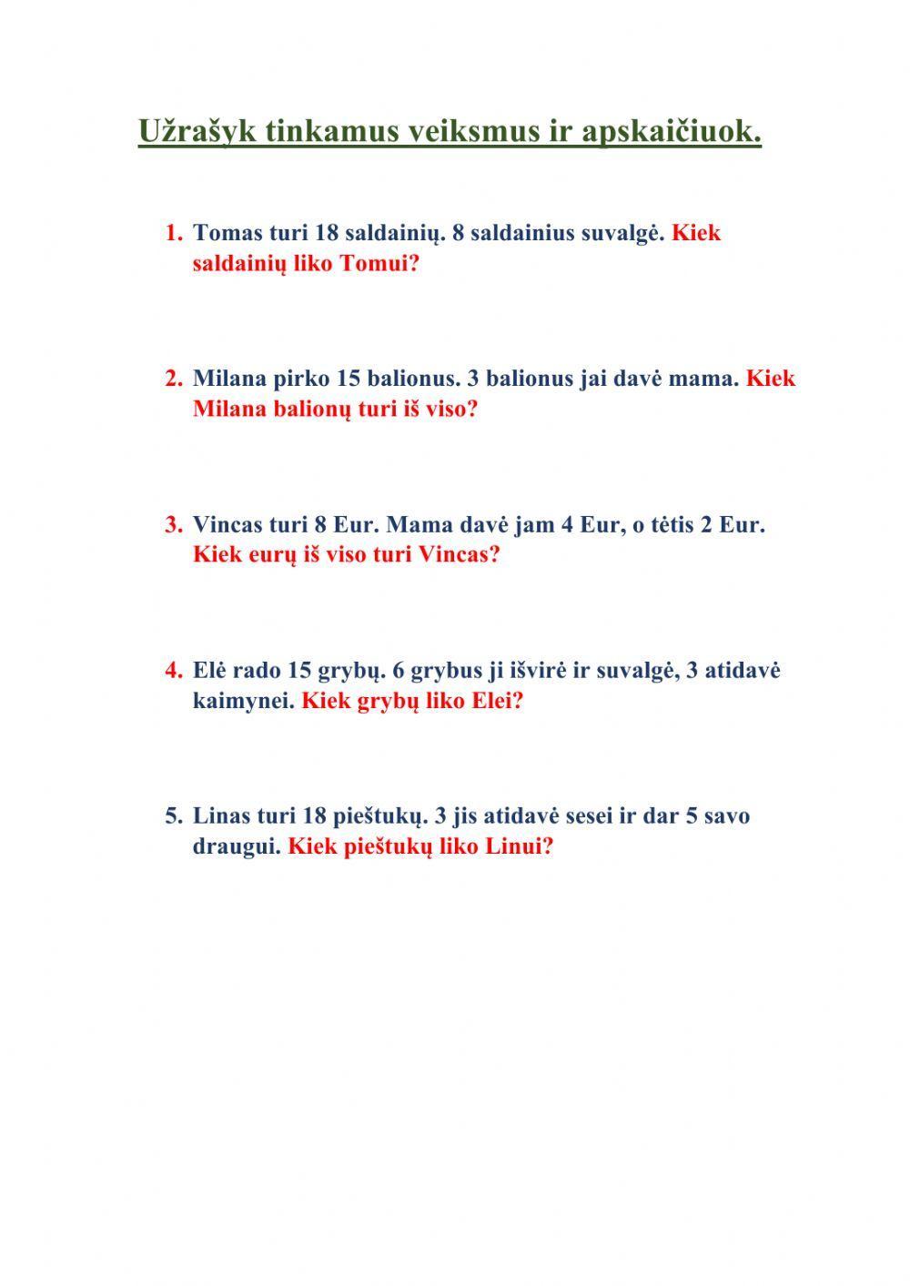 Tekstiniai uždaviniai 1 klasė