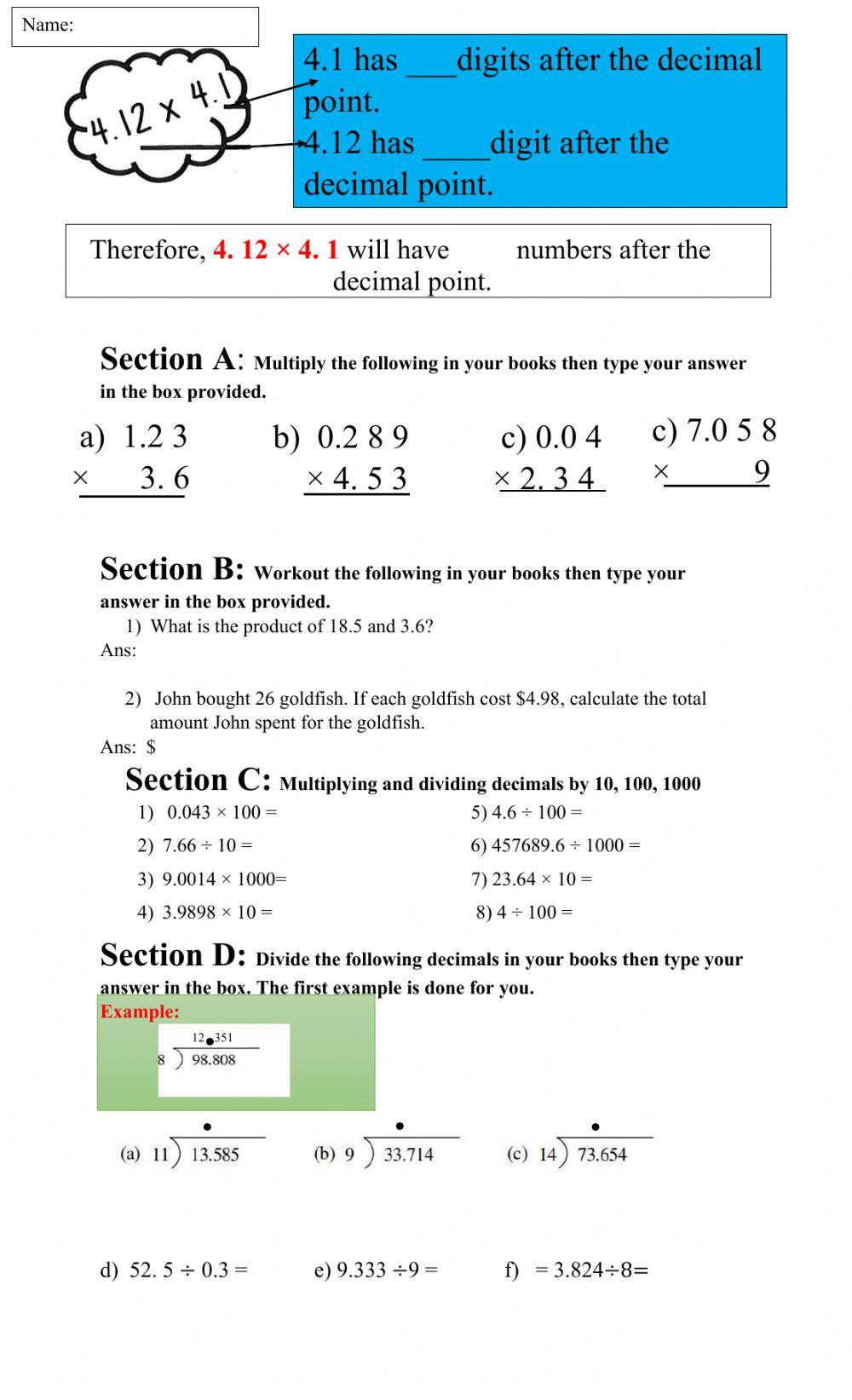 Multiplying and Dividing Decimals online exercise for Live Worksheets