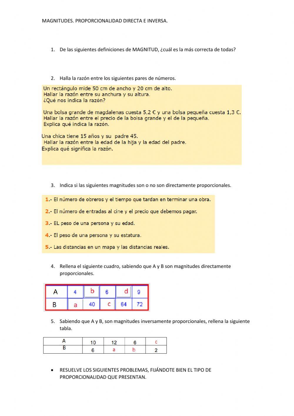 MAGNITUDES: PROPORCIONALIDAD DIRECTA E INVERSA. REPARTOS