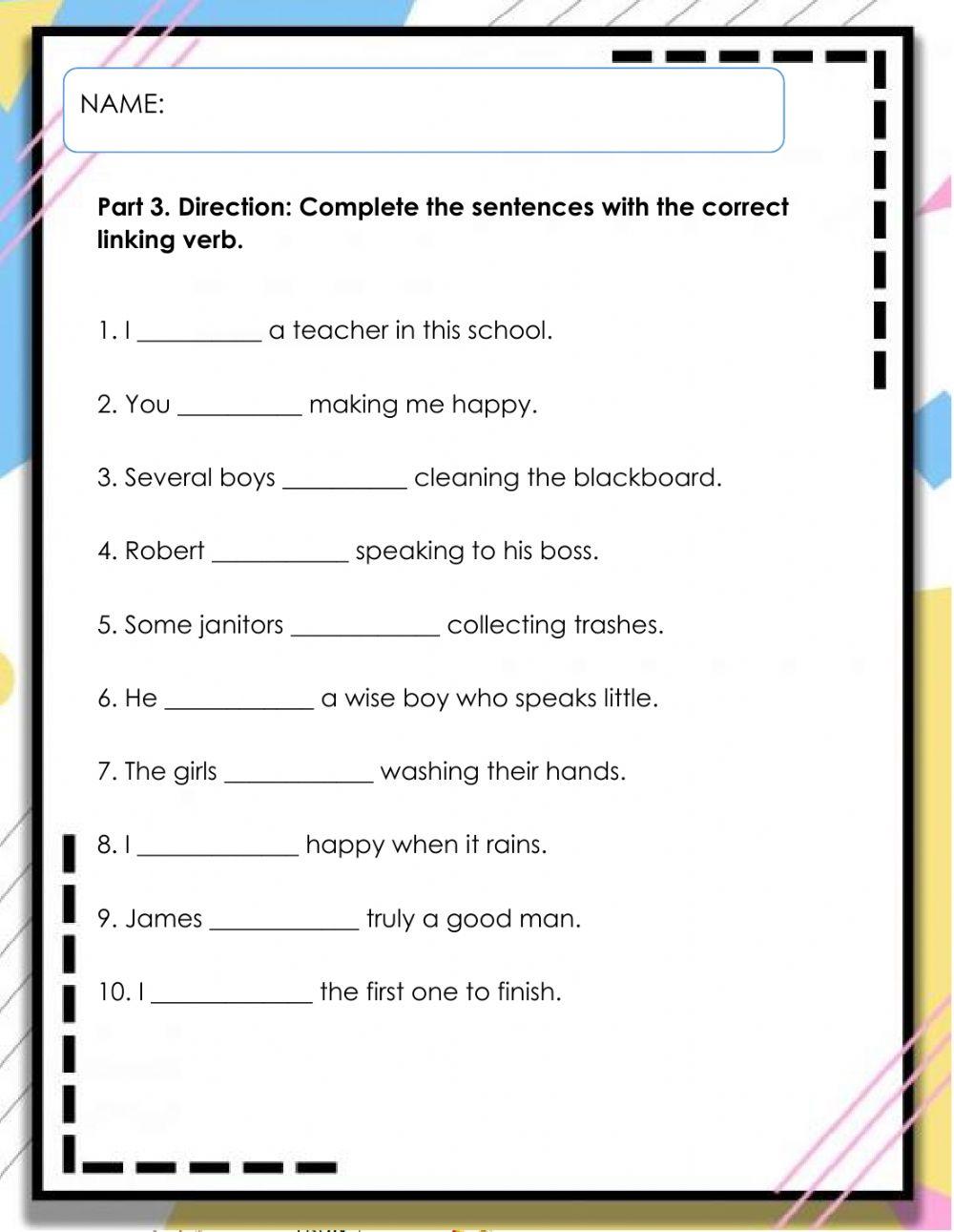 Part 3 LINKING VERBS 2154 Aira Live Worksheets