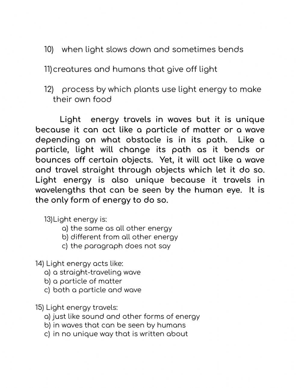 Light Energy Vocabulary