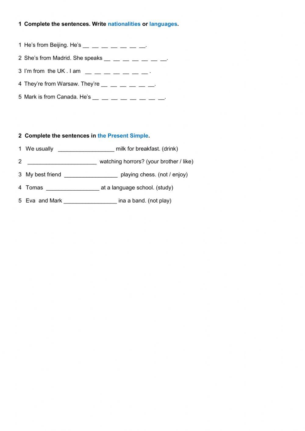 Nationalities and Languages, Present Simple