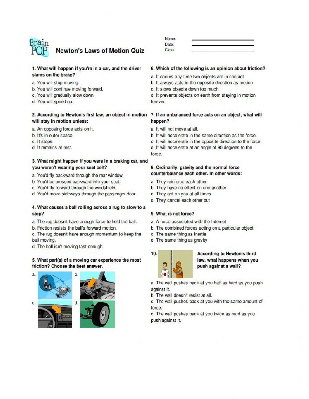 4633157 | Newton&rsquo;s Law of Motions Pop Quiz (Brainpop) |