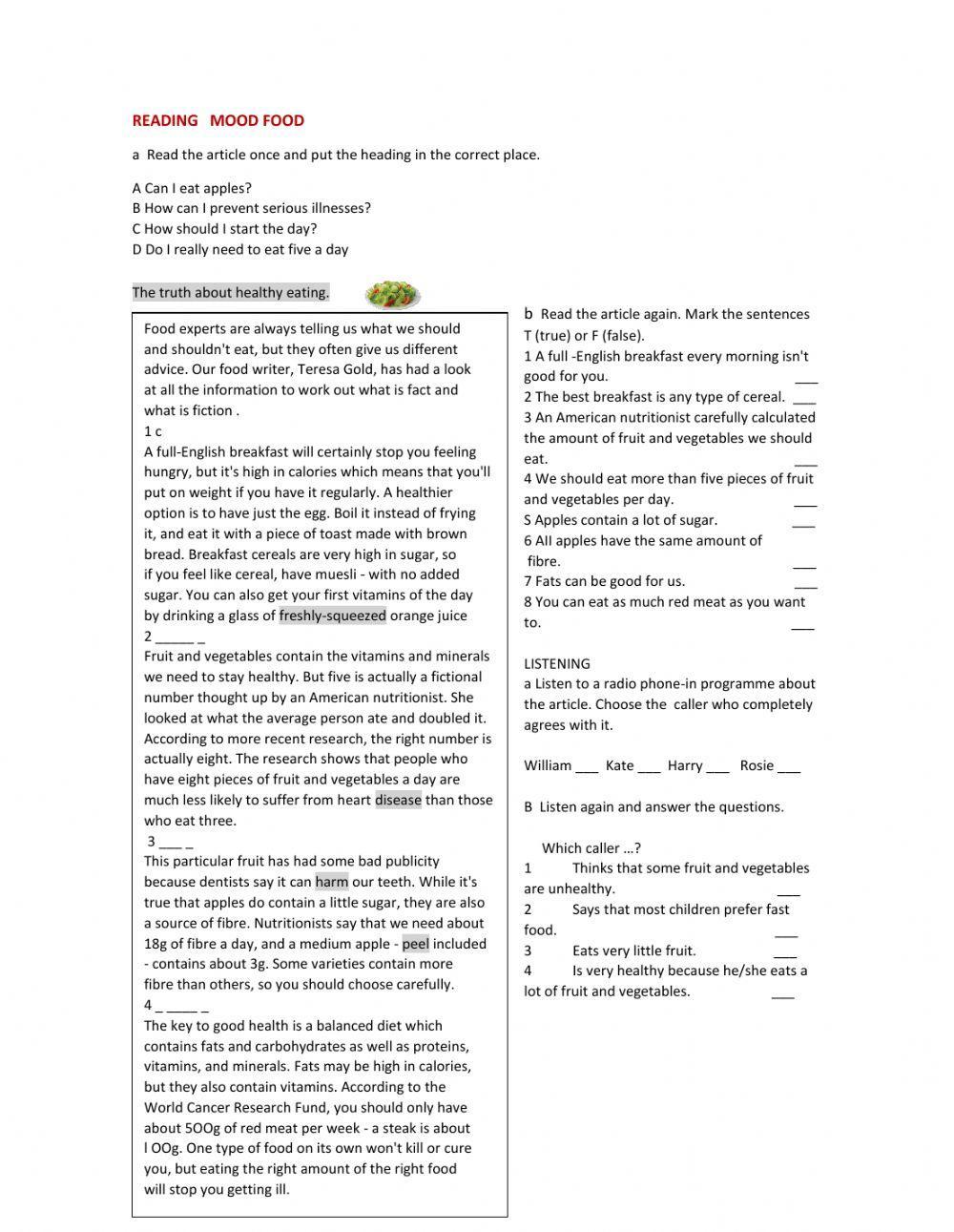 Mood food Free Interactive Worksheets 652390