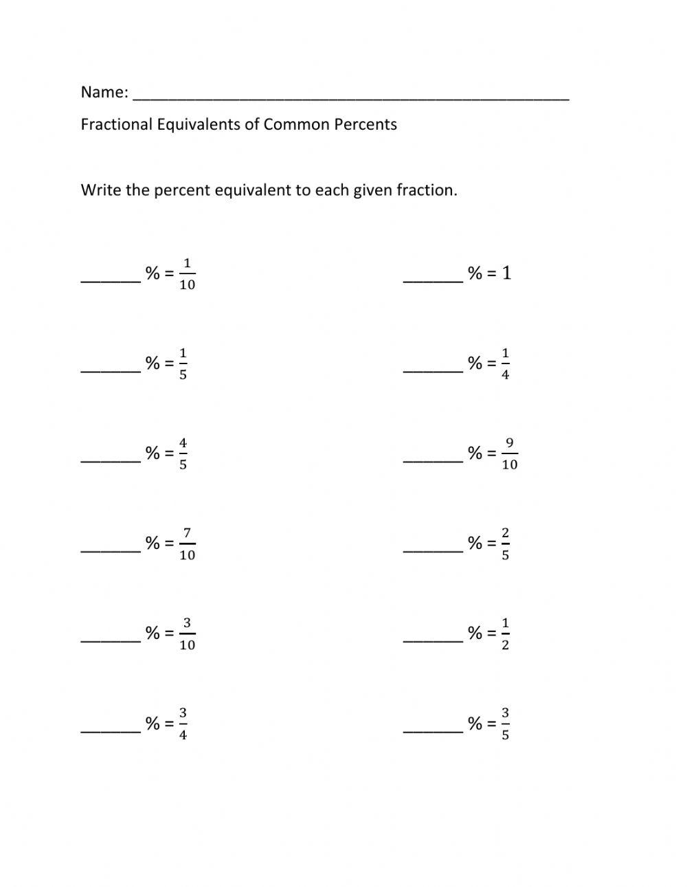 Common Percents Equivalent Fractions Worksheet Live Worksheets Common Percents Equivalent Fractions Worksheet Live Worksheets