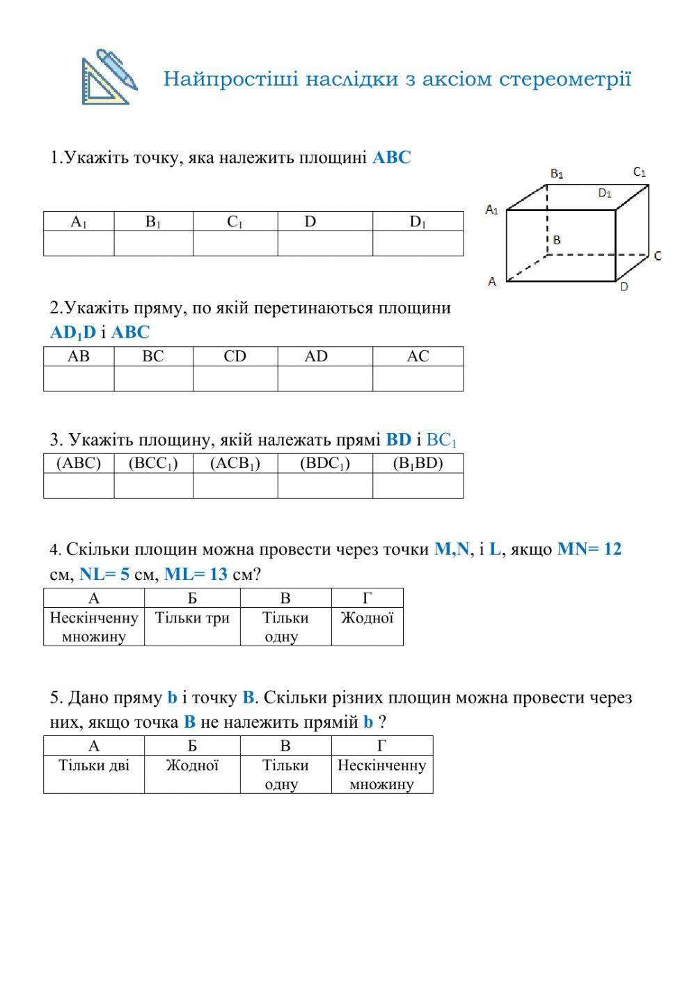 Найпростіші наслідки з аксіом стереометрії