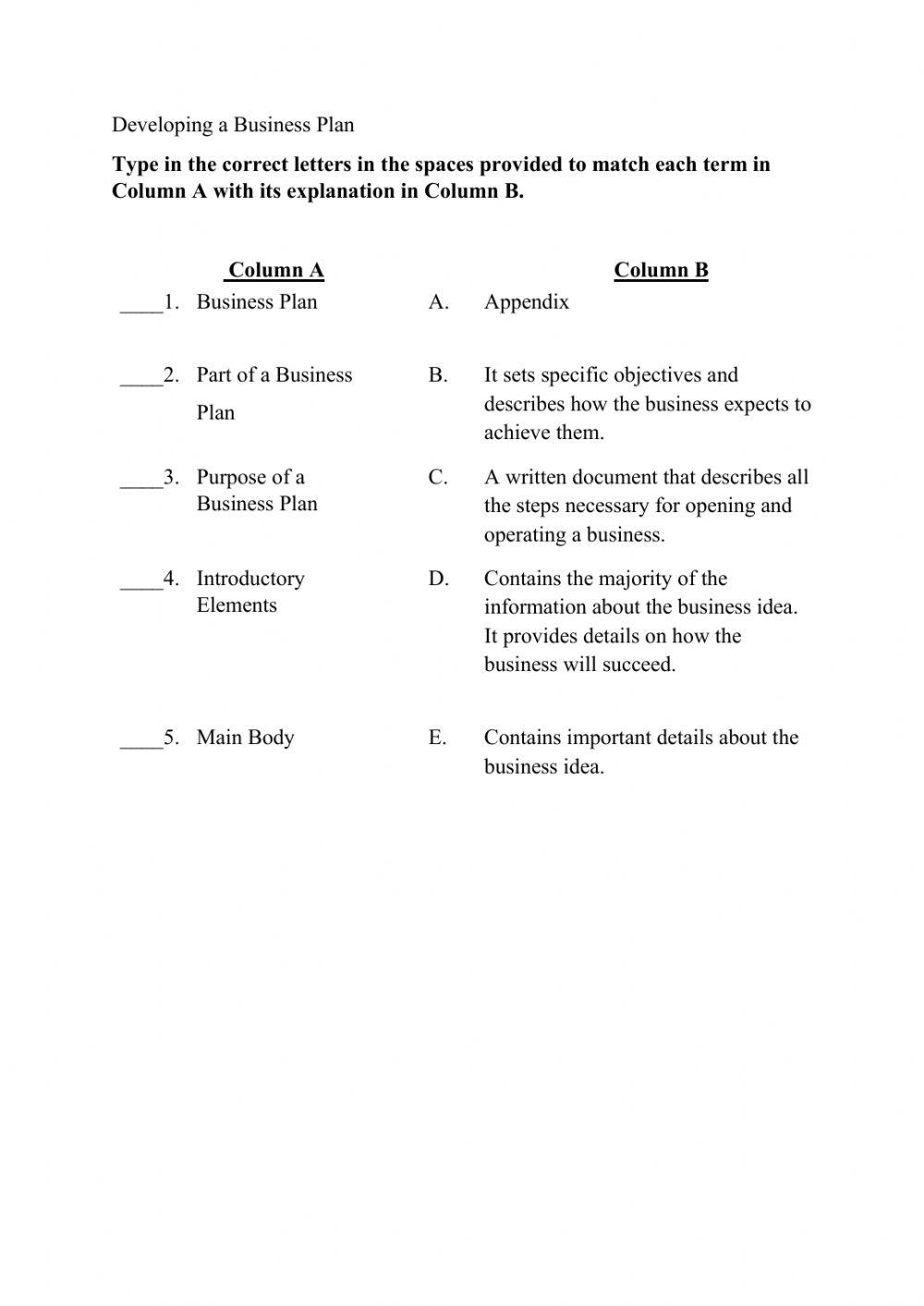 Developing A Business Plan Activity