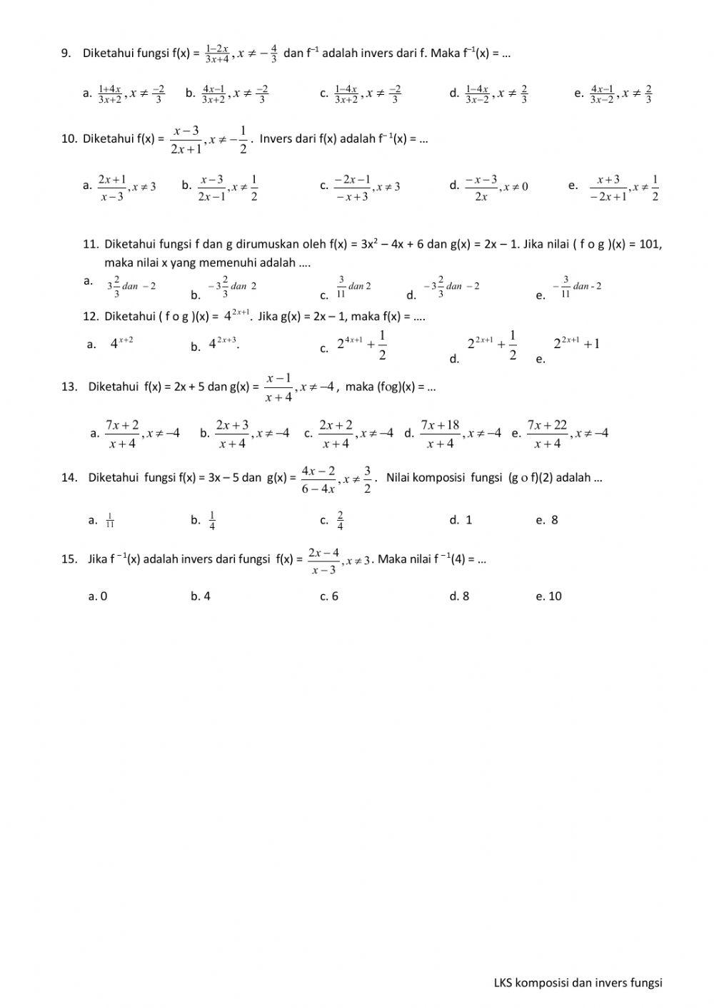 Latihan Komposisi fungsi dan invers fungsi