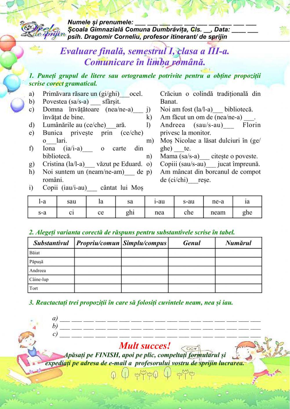 Evaluare finala semestriala CLR, cls II, semestrul I