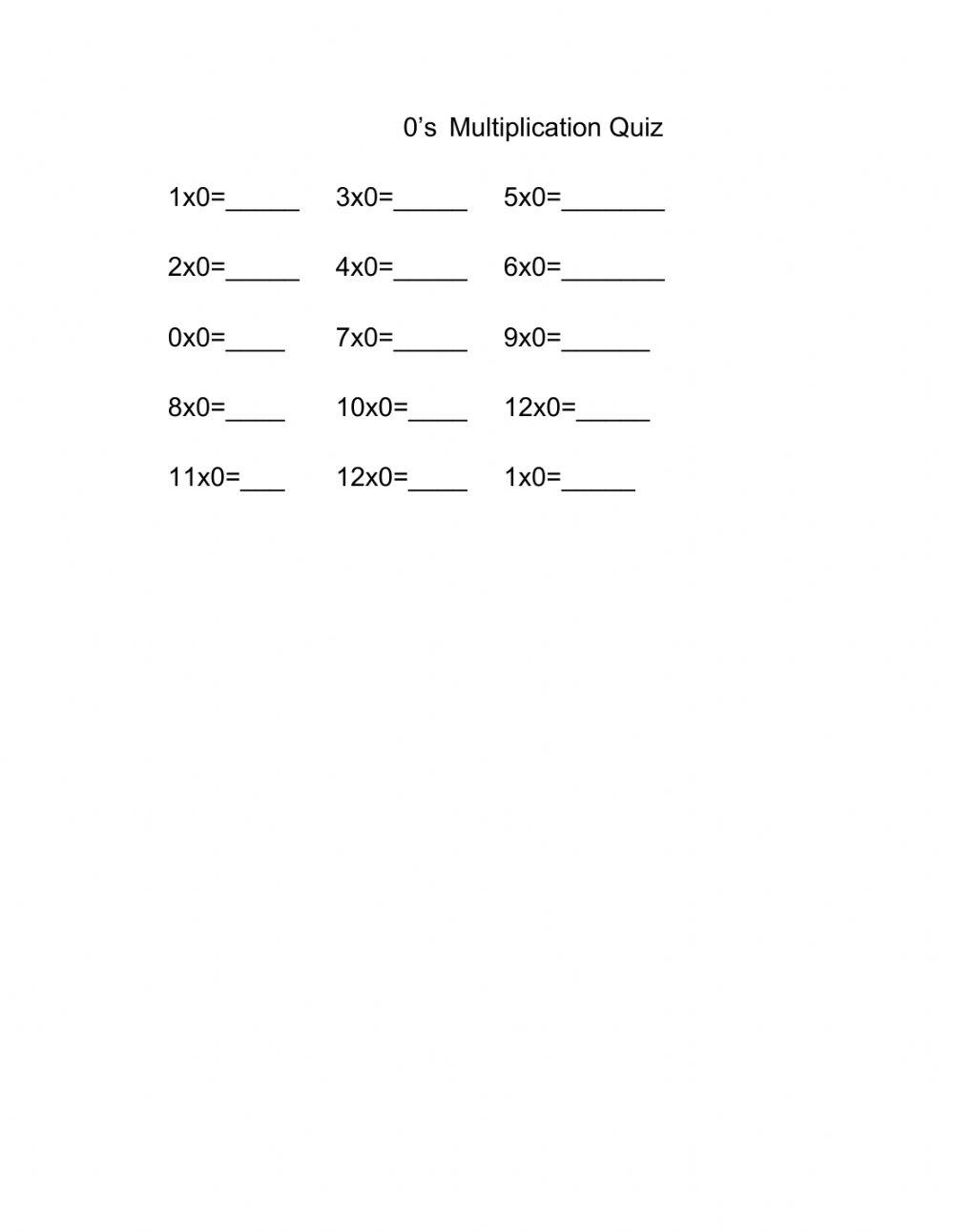 0 Multiplication Quiz worksheet Live Worksheets