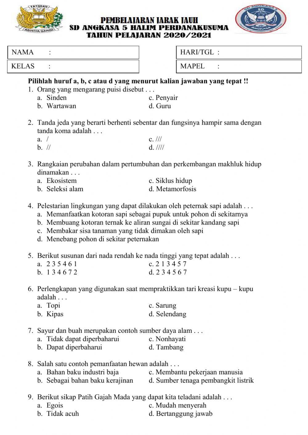 Ulangan harian bupena tema 6