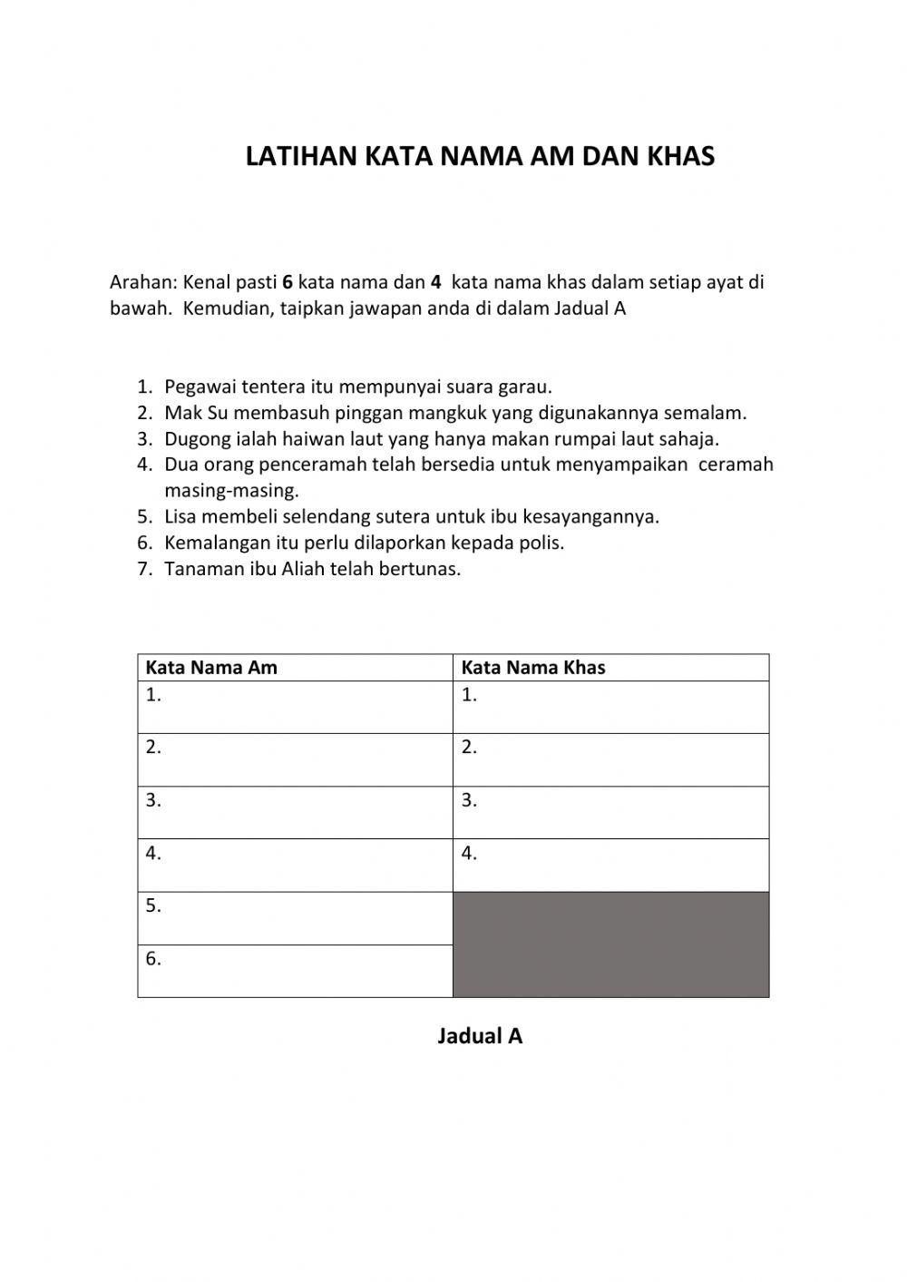 Latihan Kata Nama-Kata Nama Khas