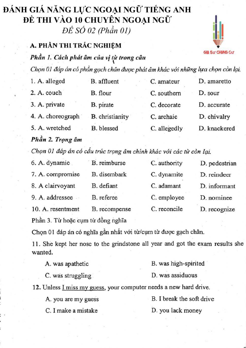 Đề thi đánh giá năng lực ngoại ngữ Tiếng Anh vào lớp 10 Chuyên ngoại ngữ - Số 2.1