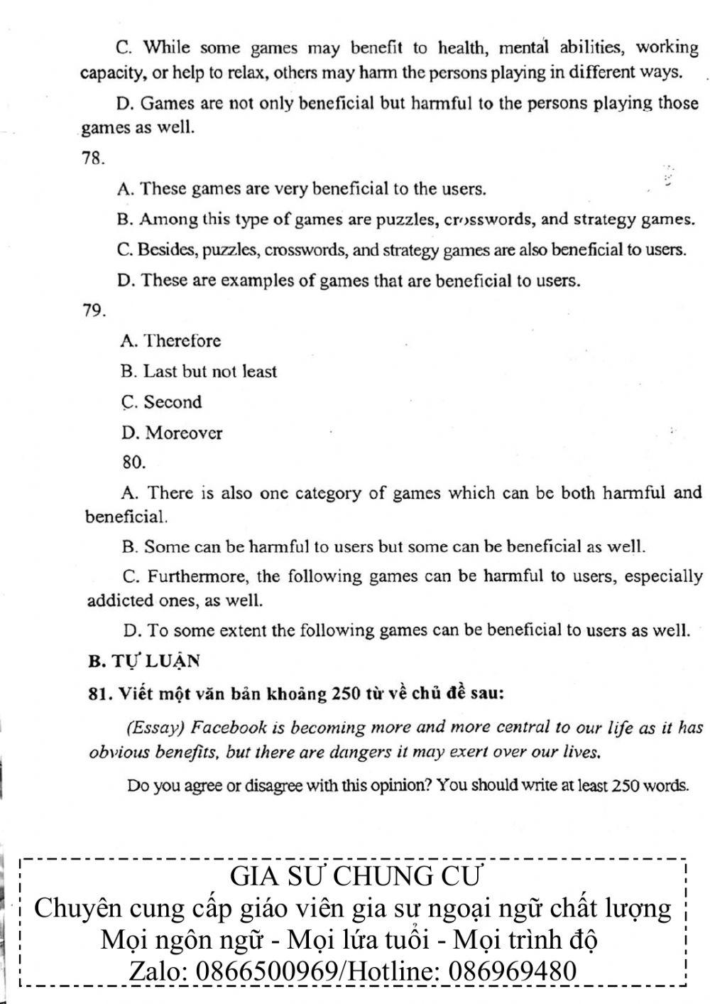 Đề thi đánh giá năng lực ngoại ngữ Tiếng Anh vào lớp 10 Chuyên ngoại ngữ - Số 1.2