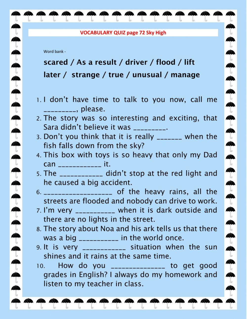 Vocabulary quiz page 72 Sky High