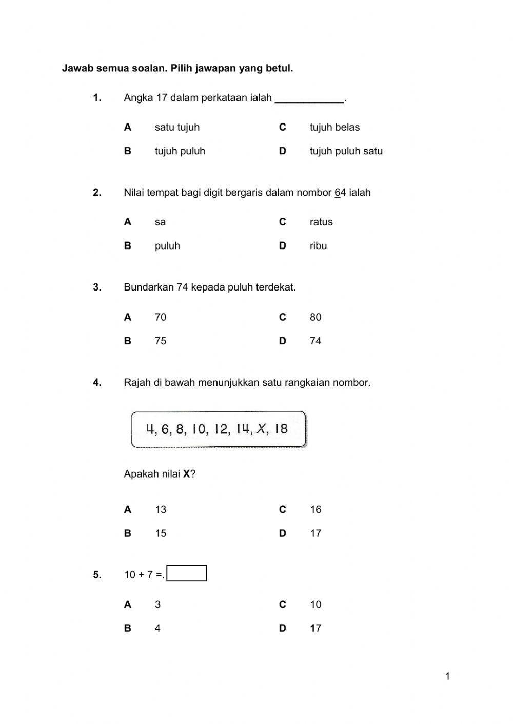 Kuiz Matematik Tahun 1