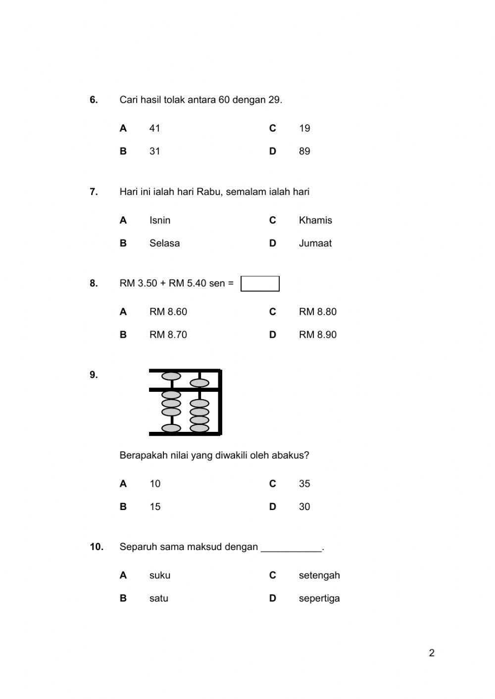 Kuiz Matematik Tahun 1