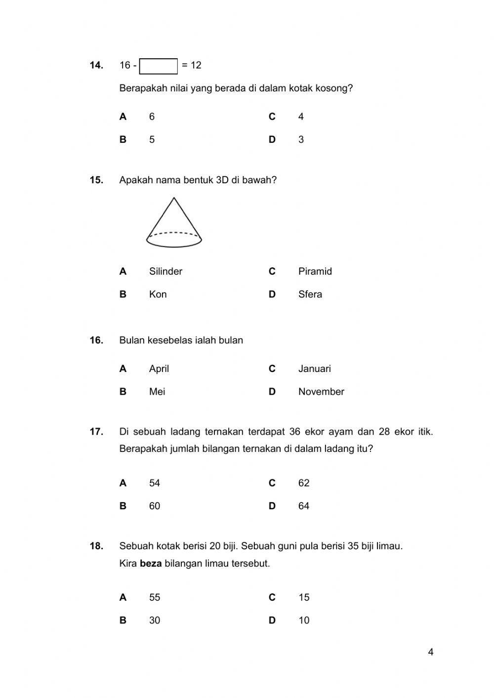 Kuiz Matematik Tahun 1