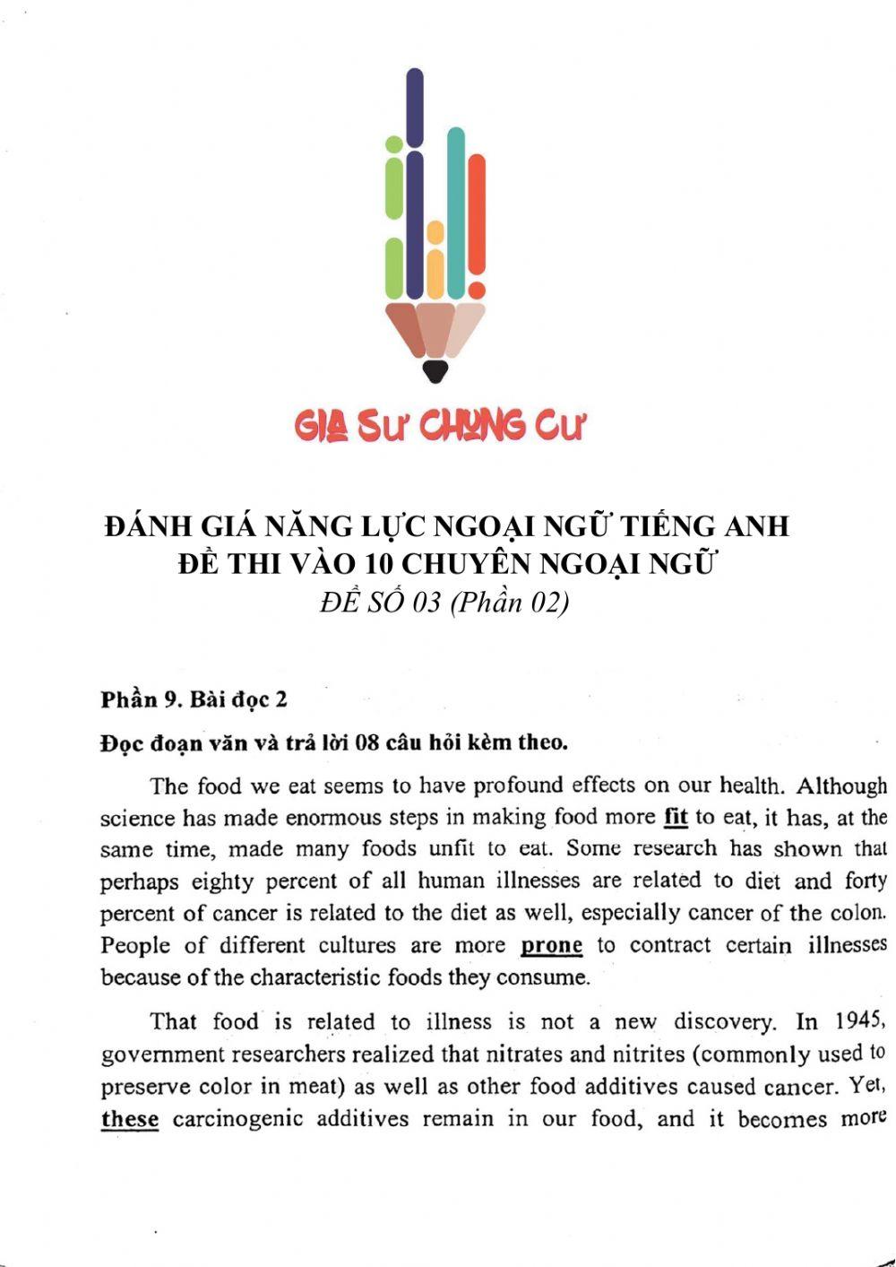 Đề thi đánh giá năng lực ngoại ngữ Tiếng Anh vào lớp 10 Chuyên ngoại ngữ - Số 3.2