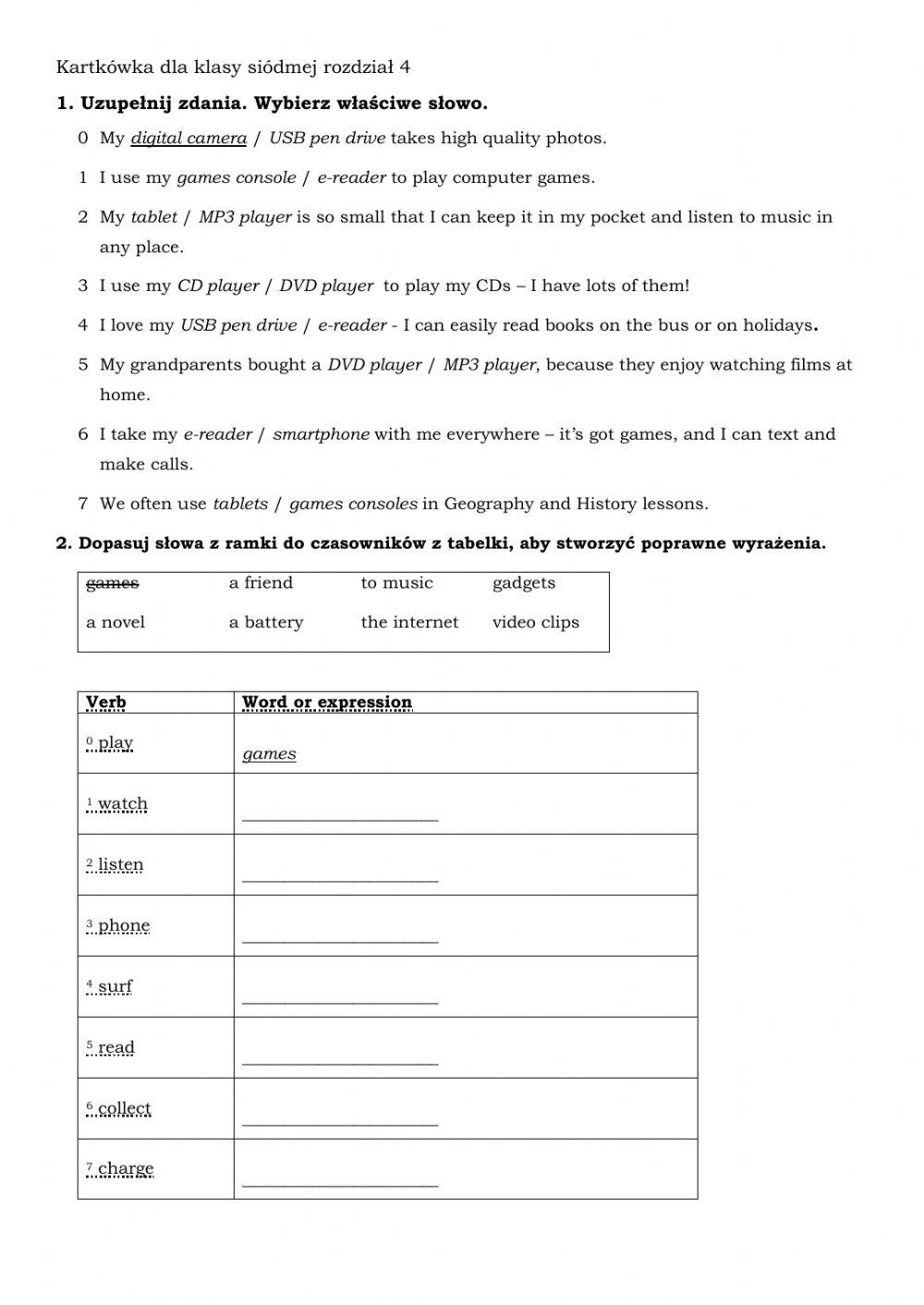 Kartkówka dla klasy 7, unit 4