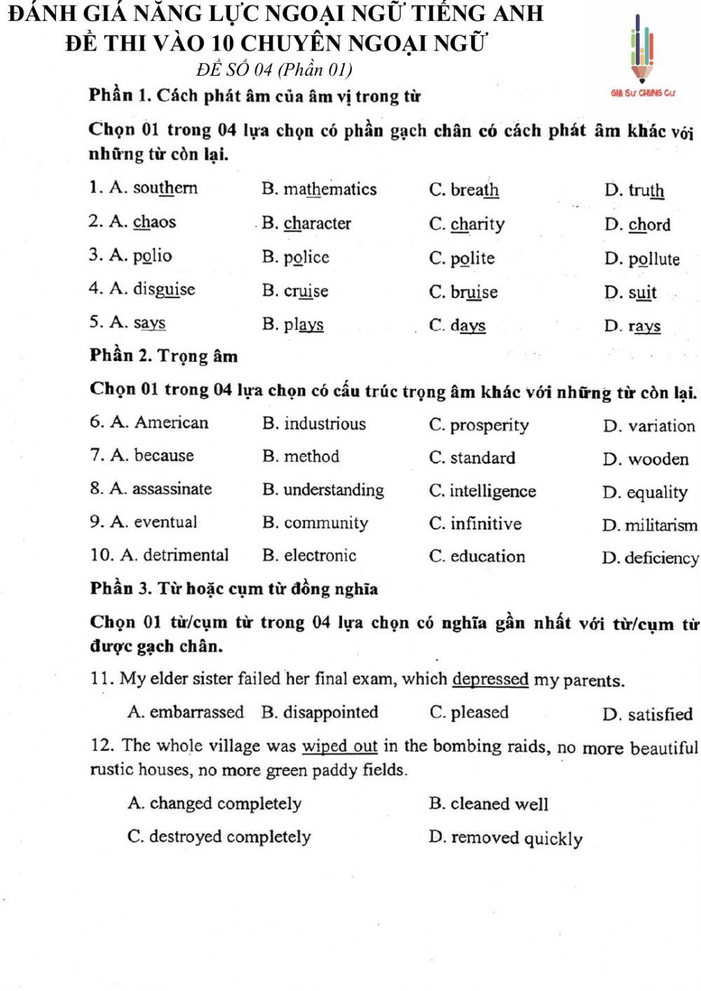 Đề thi đánh giá năng lực ngoại ngữ Tiếng Anh vào lớp 10 Chuyên ngoại ngữ - Số 4.1